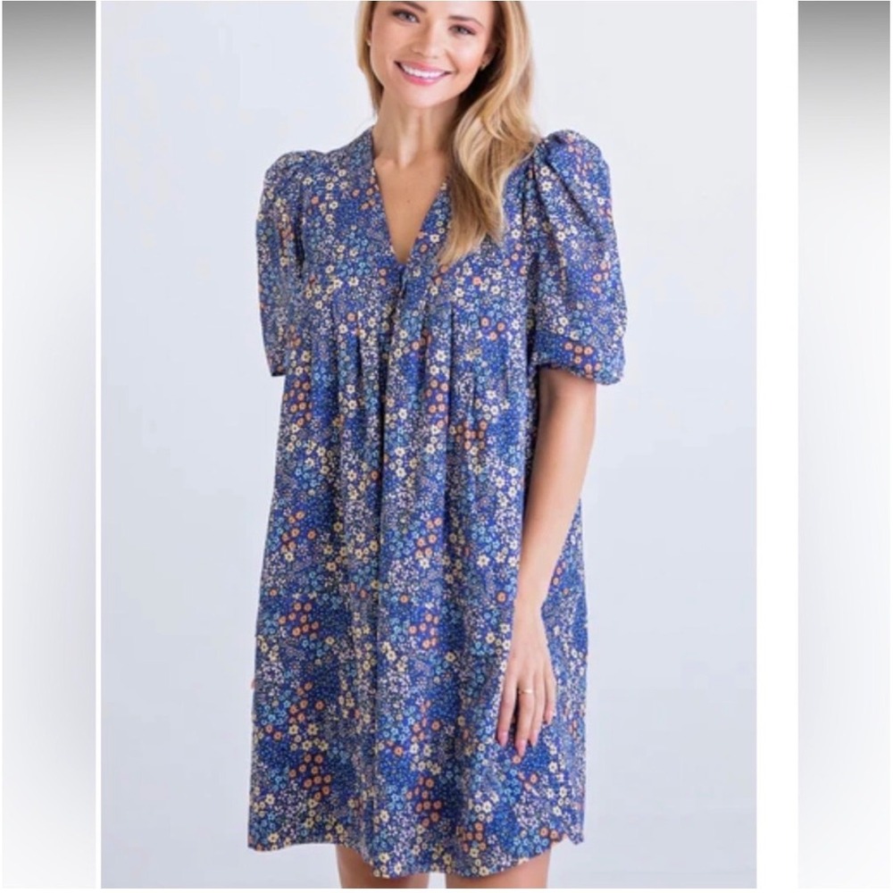 Karlie Ditsy Floral Puff Sleeve V-Neck Mini Babydoll Dress Blue - Large